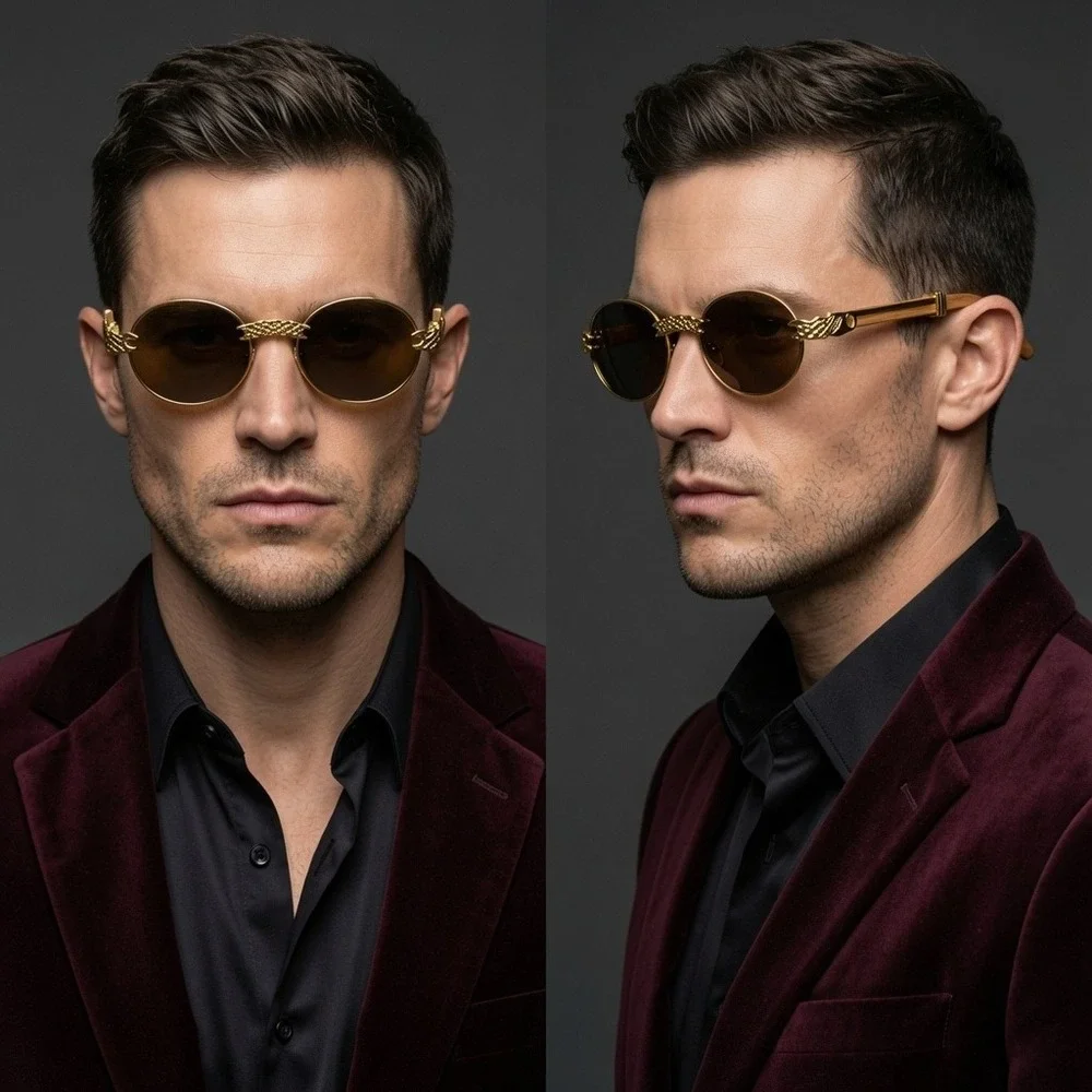 Retro Vintage Style Horn Rim Brown Lens Gold Round Fashion Driving Sunglasses